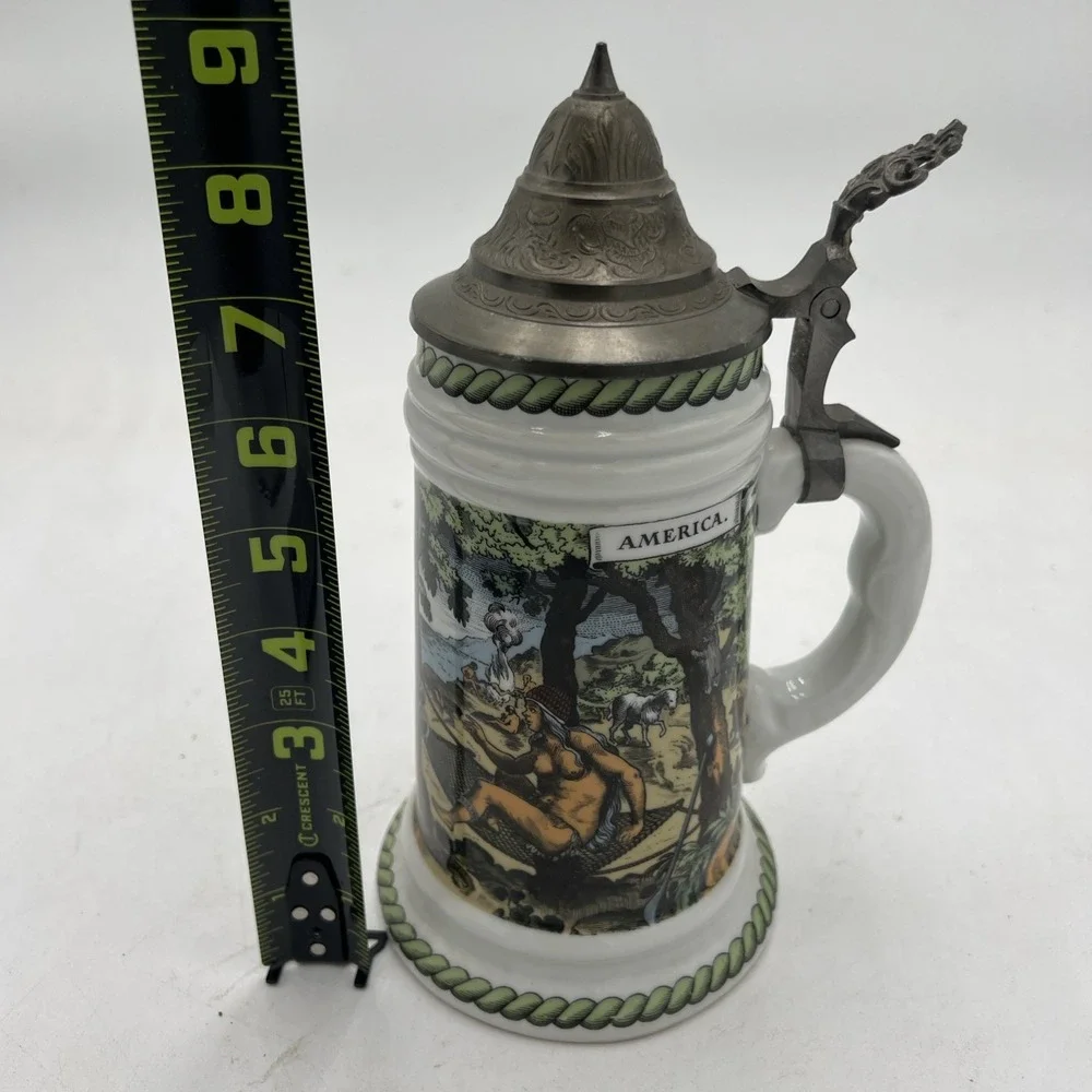 VNTG Cerami Beer Stein Tankard Pewter Lid Sailing Ship Historical Explorer Theme